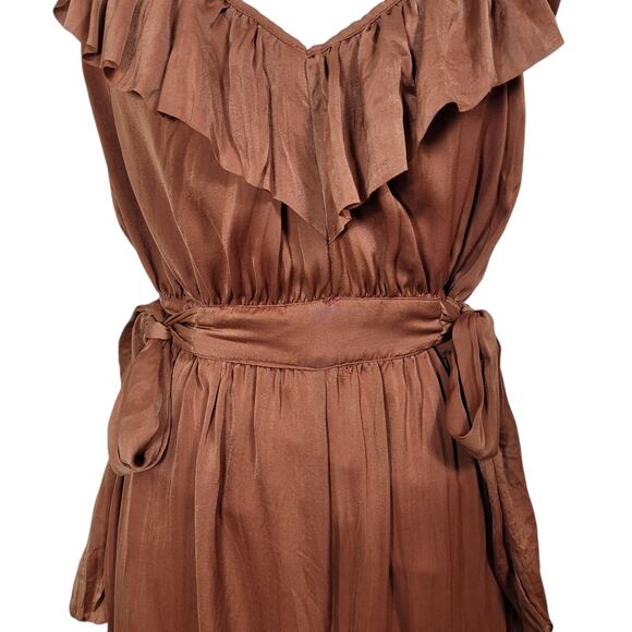 Zara Satin Ruffle Pleated Wrinkle Wide Leg Keyhole Boho Chic Jumpsuit Size Large - Picture 3 of 12
